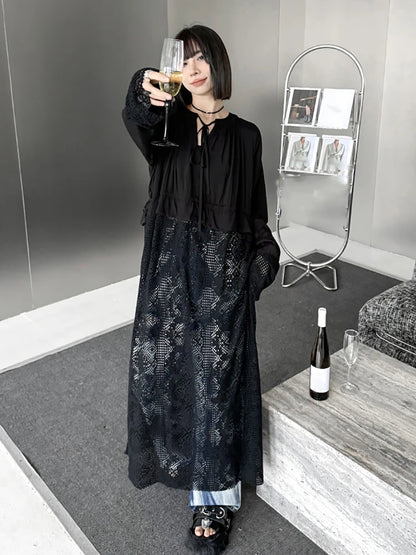 XITAO Black Lace Patchwork Long Dress Solid Color V-neck Full Sleeve Pullover Temperament Elegant Fashion Women New Dress LYD1806