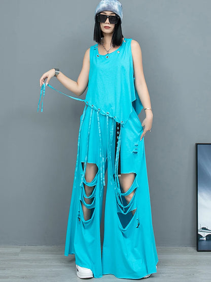 XITAO Personality Sleeveless Women Set Asymmetrical Tassel T-shirt Top Hole Wide Leg Pants Two Pieces Sets Street Trendy DMJ4145