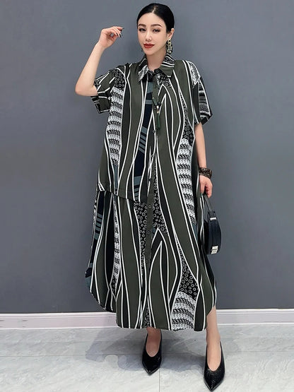 XITAO Print Irregular Shirt Dress Single Breasted Loose Casual Temperament Slimming Fashion ZY8854