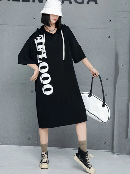 XITAO Hooded Letter Printing Drawstring Dress Casual Loose Fitting Knee-length Half Sleeve Pullover Summer Women Dress GMM1194