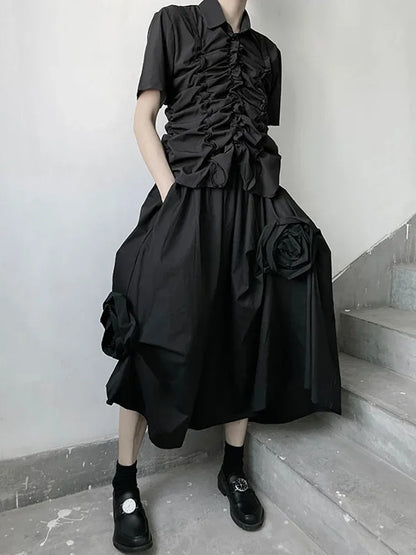 XITAO Asymmetrical Three-dimensional Flower Decoration Fashion Empire Waist Loose Women All-match Summer New Black Skirt ZXR1515