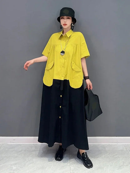 XITAO Single Breasted Dress Woman Personality Fashion Loose Turn-down Collar Full Sleeve Dress Korea 2024 Summer New SMH1628