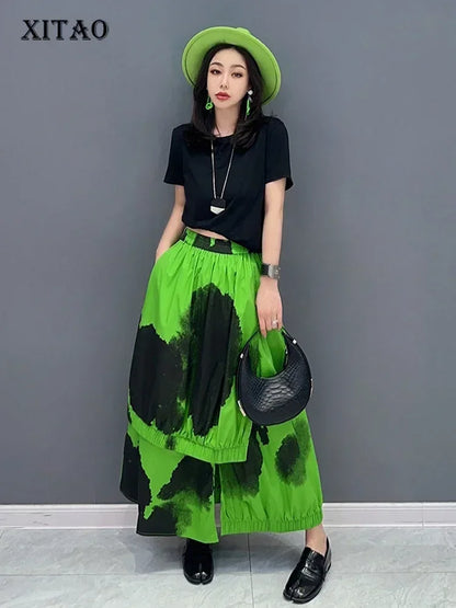 XITAO Print Casual Skirt Asymmetric 2024 Summer New Arrival Personality Fashion Loose Versatile Elastic Waist Skirt WLD11273