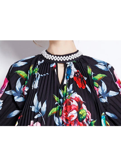 XITAO Pleated Print Floral O-neck Dress Pearl Fashion Half Sleeve Temperament Fashion Summer New Arrival Personality LYD1869