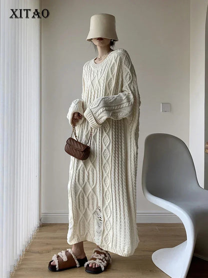 XITAO Hollow Out Loose Knitted Dress Female Comfortable Solid Color Straight O-neck Long Sleeved Pullover Fashion Dress ZZ0118