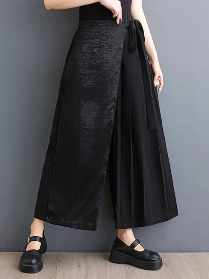 XITAO Bandage Patchwork Pleated Pants Solid Color Elastic Waist Loose Wide Leg Pants 2024 Summer Fashion New All Match ZY8758