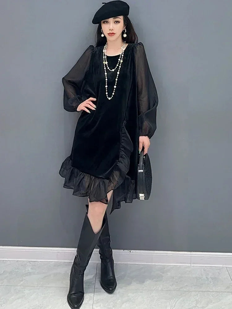 XITAO O-neck Patchwork Mesh Dress Pullover Casual Loose Solid Color Simplicity Goddess Style Fashion Women New DMJ3525