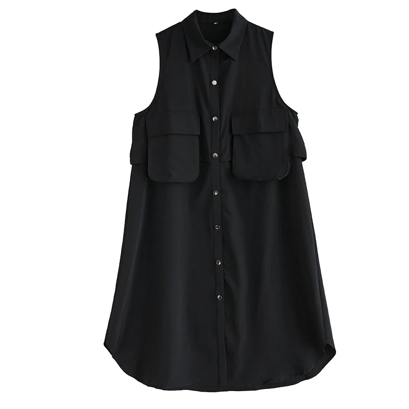 XITAO Patchwork Pocket Single Breasted Dress Casual Solid Color Sleeveless Loose Fitting Sweet Simple Women Dress GYX1410