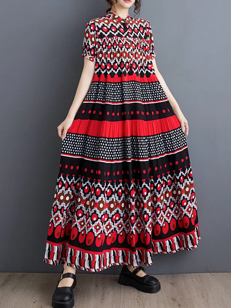 XITAO Casual Print Dress Loose Fashion Contrast Color Geometry Splicing Pattern 2024 Summer New Ethnic Style Dress ZY8692