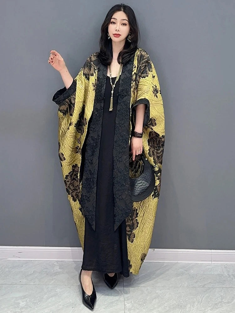 XITAO Casual Loose V-neck New Arrival Betwing Sleeve Coat Long Chinese Style Dark Flower Autumn Cardigan Female Trench GMM1032