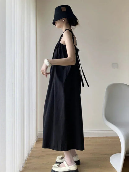 XITAO Solid Casual Strap Dress Women Korea 2024 Summer New Arrival Personality Fashion Loose Sleeveless Mid-calf Dress DMJ1938