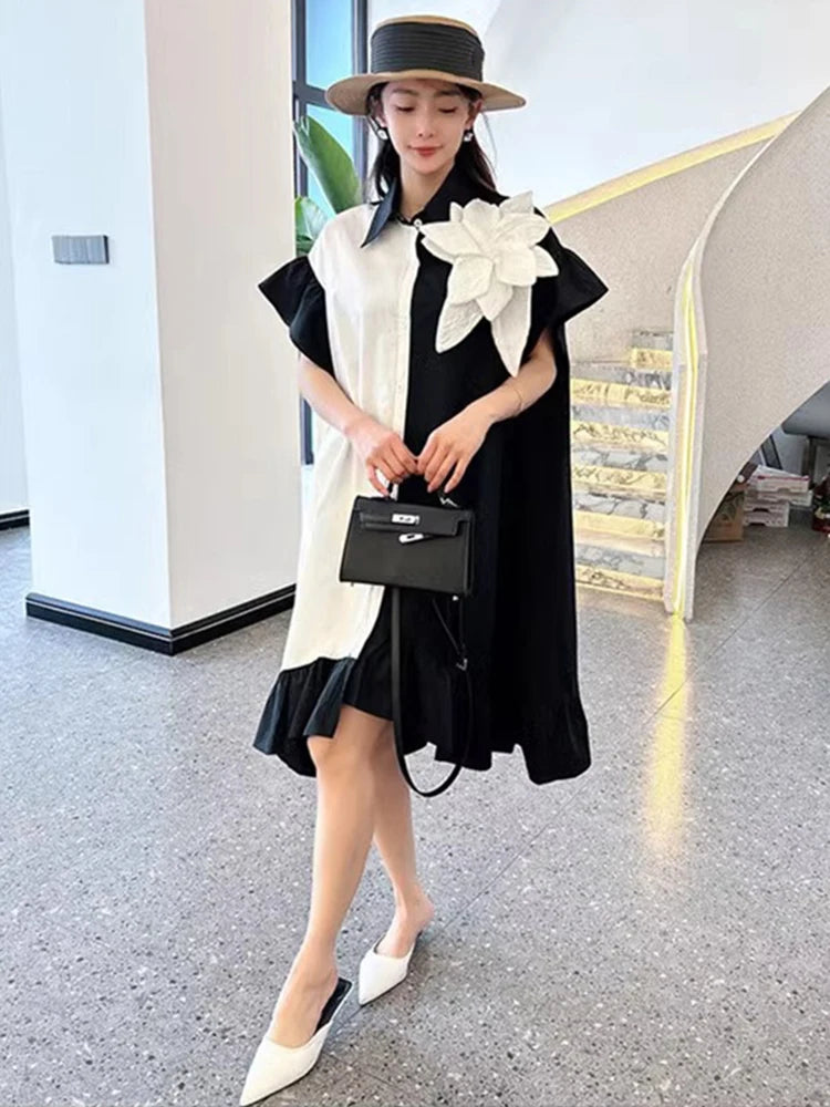 XITAO Three-dimensional Decoration Dress Asymmetrical Patchwork Turn-down Collar Single Breasted Shirt Dress 2024 Summer ZY8779