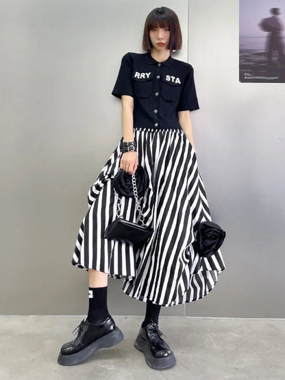 XITAO Striped Skirt Fashion  Women Leopard Floral Patchwork Small Fresh Elastic Waist 2024 Summer Minority Loose Skirt ZXR1515