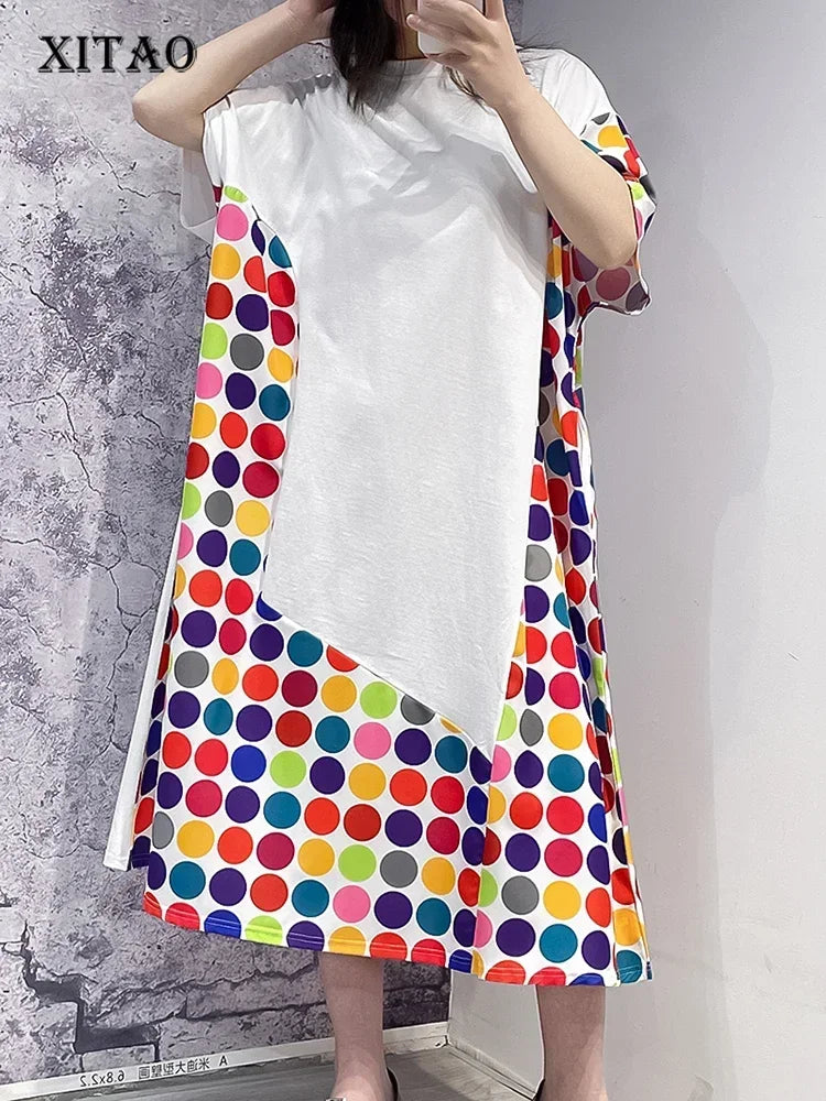 XITAO Dot Print T-shirt Dress Loose Fashion Casual Women Asymmetrical Contrast Color Print Hem Summer New Dress WMD6195