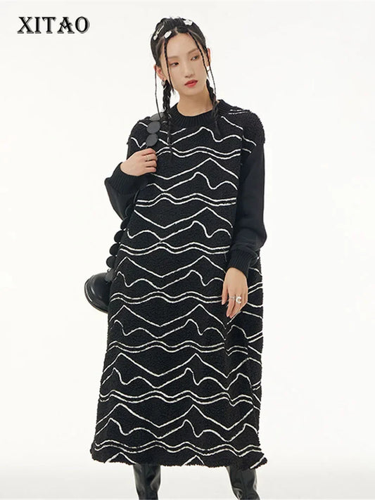 XITAO Print Pattern Dress Fashion New Embroidery Patchwork Full Sleeve Goddess Fan Casual Style Loose Pullover Dress WLD10081