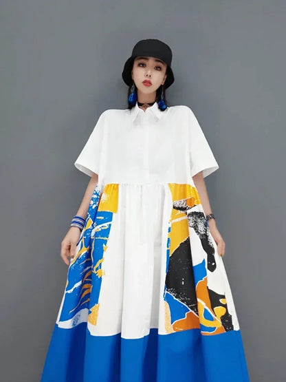 XITAO Print Patchwork Casual Dress Women Tide Fashion New Korean Style Turn Down Collar Short Sleeve Elegant Draped CLL1453