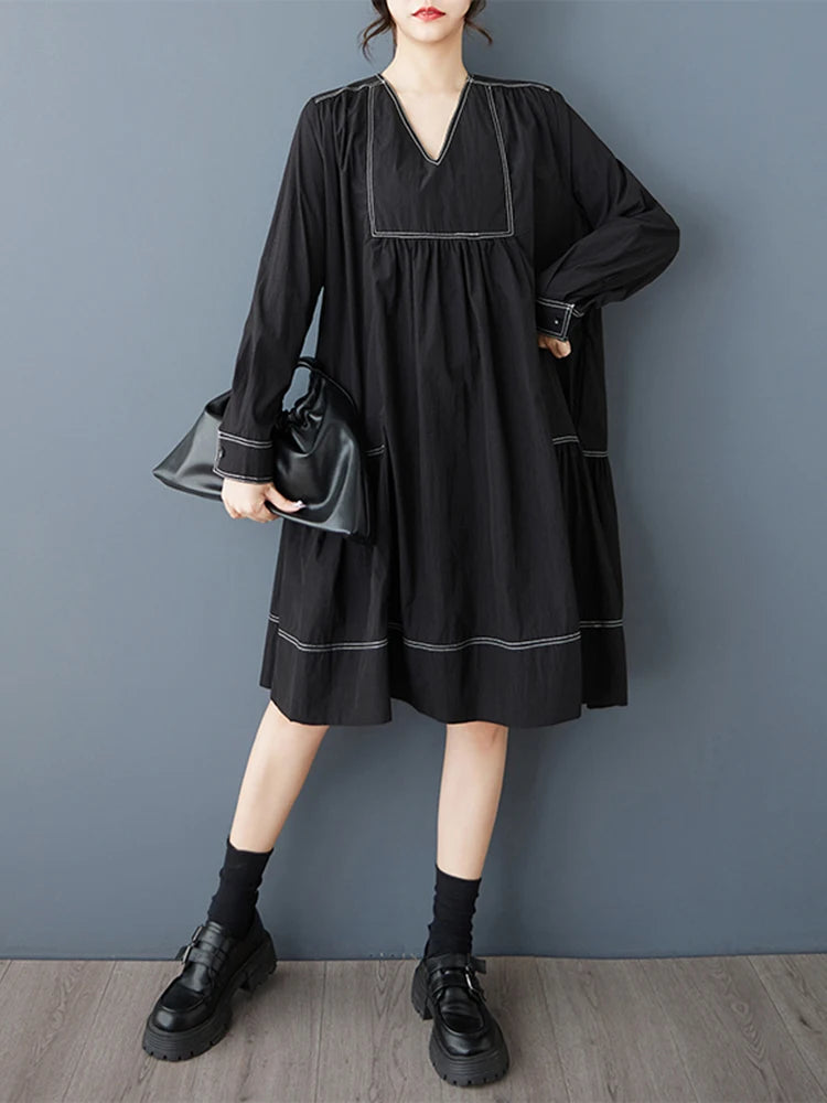 XITAO Patchwork Pleated V-neck Dress Full Sleeve Casual Solid Color A-line Fashion Sweet Slimming Spring Female Dress GYX1408