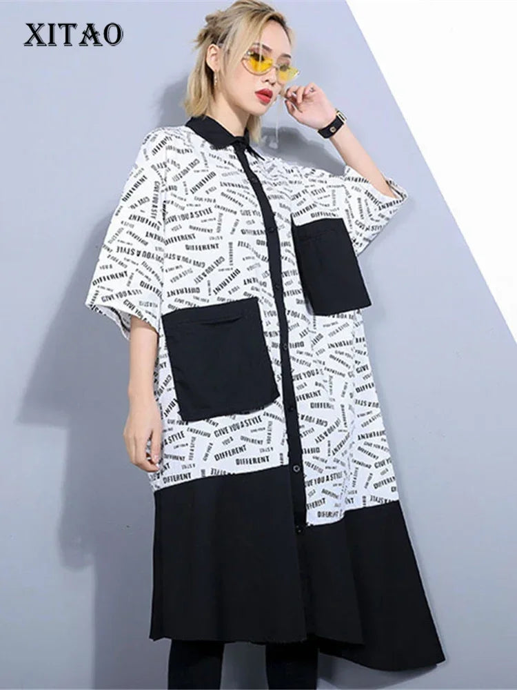 XITAO Turn-down Collar Half Sleeve Loose Dress Female Letter Patchwork Pocket Dress 2024 Summer Fashion Women LYH3338