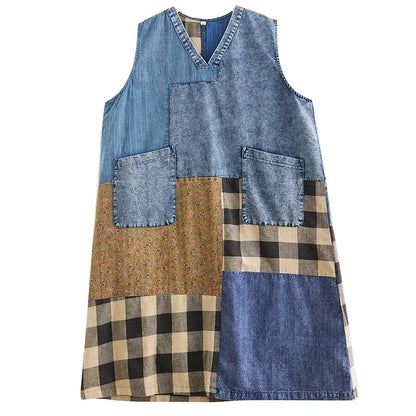 XITAO Sleeveless Denim Plaid Dress Fashion Simplicity V-neck Pullover Vintage Patchwork Dress Summer New Women HQQ1088