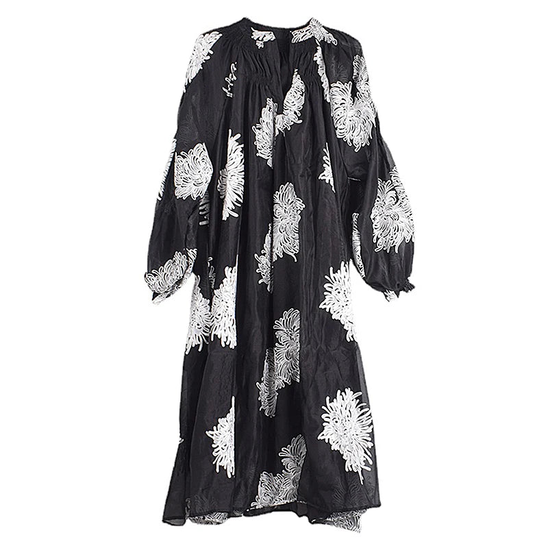 XITAO Loose Print Dress Fashion Temperament Elegant Goddess Fan Women Autumn New Arrival V-neck Appear Thin Dress HQQ1452