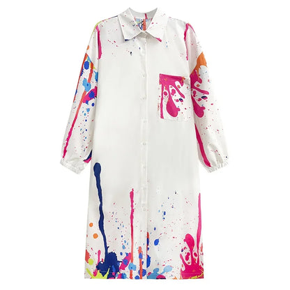 XITAO Casual Long Sleeve Shirt Dress Loose Fashion Simplicity Contrast Color Print Turn-down Collar Women Autumn New DMJ2731