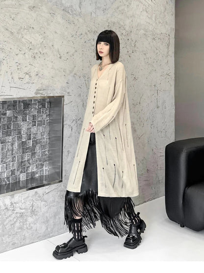 XITAO Hong Kong Style Female Hollow Out Cardigan Solid Color 2024 New Autumn Knitted Long Sleeve Loose V-neck Sweater LJ1077