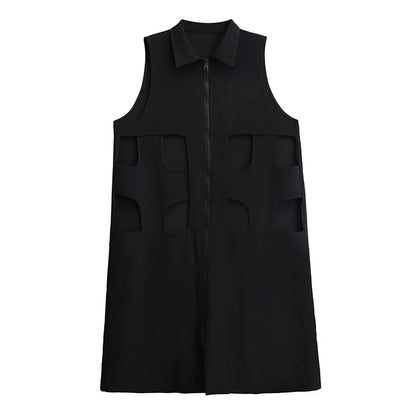 XITAO Hollow Out Zipper Sleeveless Dress Solid Color Turn-down Collar Loose Fashion Mid-calf Vest Dress 2024 Autumn New ZY8883