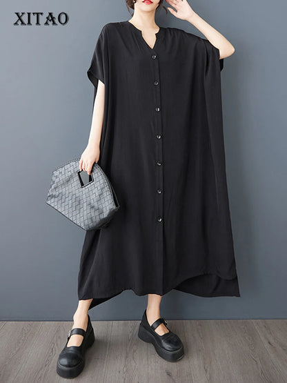 XITAO Loose Single Breasted Irregular Dress Simple Solid Color Slimming Women Temperament Elegant Short Sleeve Dress HQQ2422