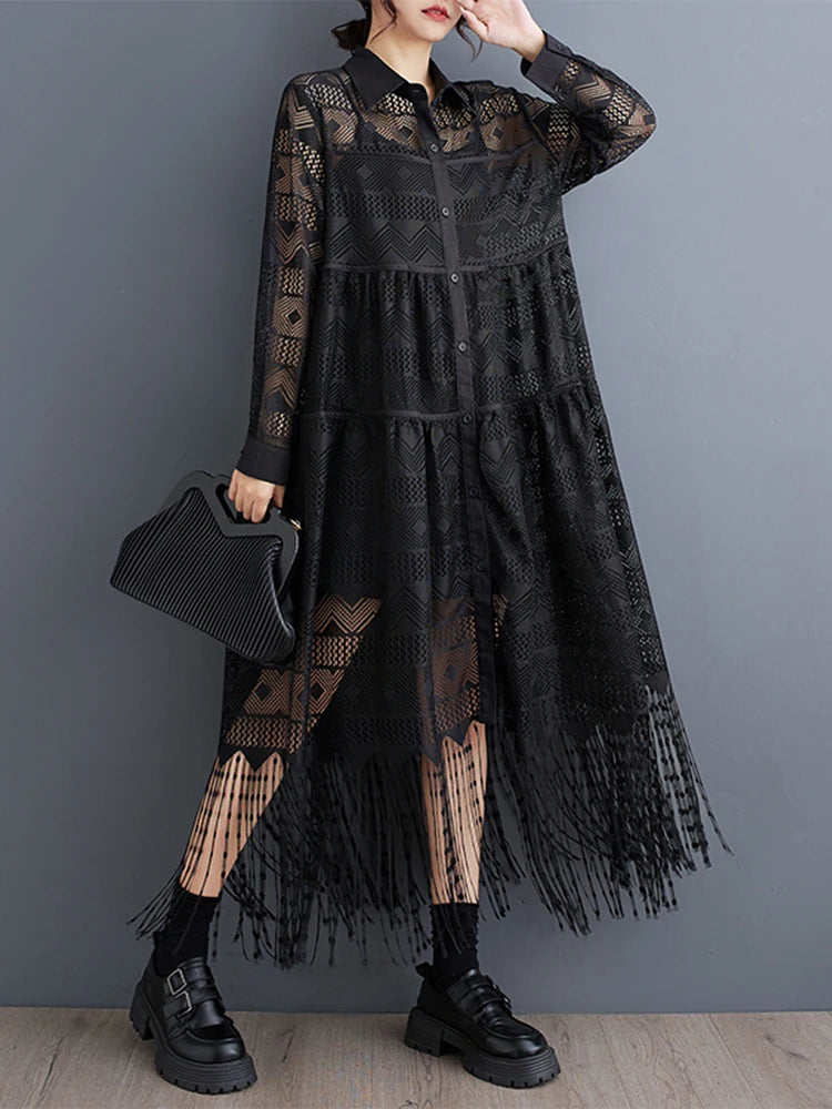 XITAO Casual Solid Color Hong Kong New Arrival A-line Dress Tassel Turn-down Collar Mid-calf Autumn Female Lace Dress ZYY1116