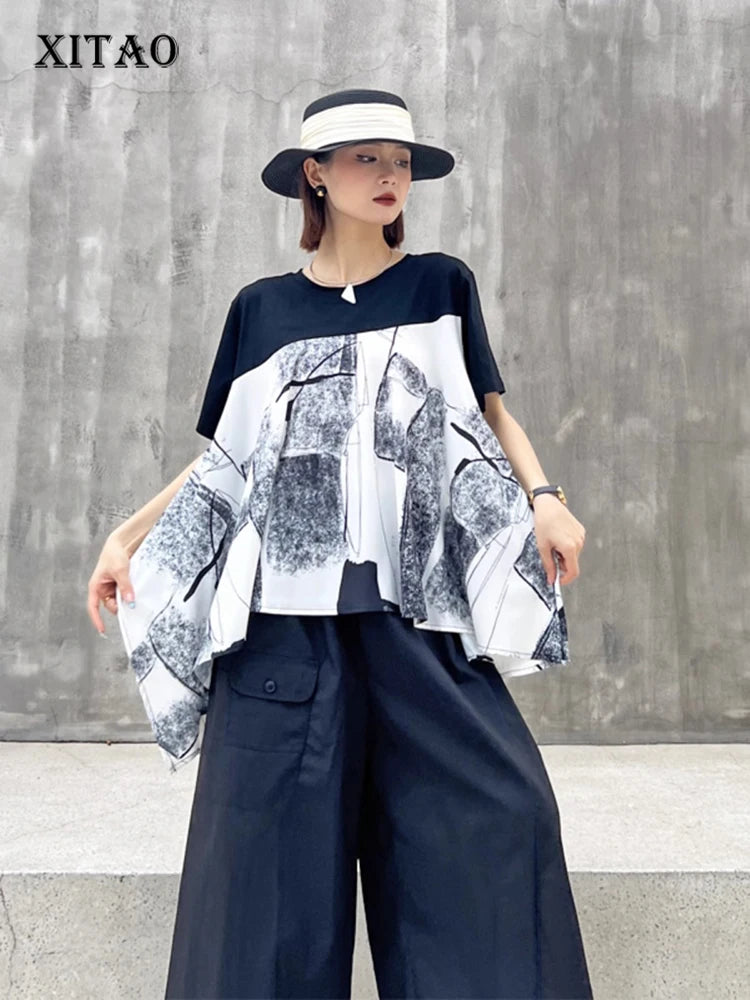 XITAO Asymmetrical Patchwork Print O-neck T-shirts Short Sleeve Pullover Loose Slimming All Match Tops 2024 Summer New ZY8743