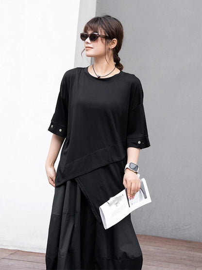 XITAO Asymmetrical Patchwork O-neck T-shirts Solid Color Loose Pullover Short Sleeve Casual Tops 2024 Summer All Match ZY8777