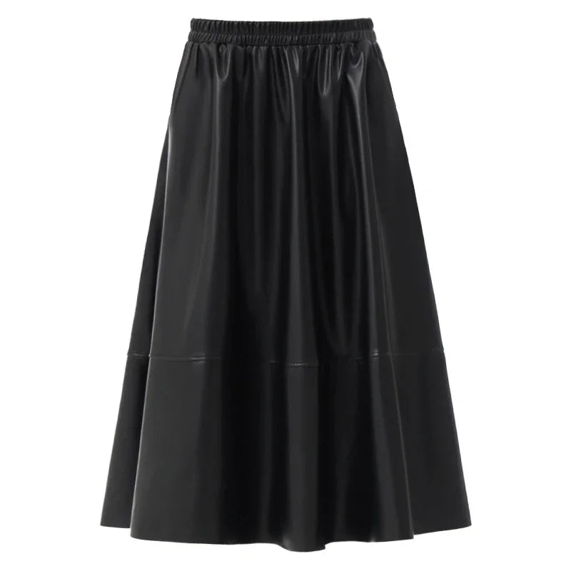 XITAO Loose Casual PU A-line Skirt Elastic Waist Fashion Solid Color Simplicity Slimming 2024 Spring Women New Skirt DMJ2800