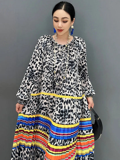 XITAO Pleated Print Dress Leopard New Loose Fashion Female Full Sleeve O-neck Spring Elegant Casual All Match Dress LYD1868