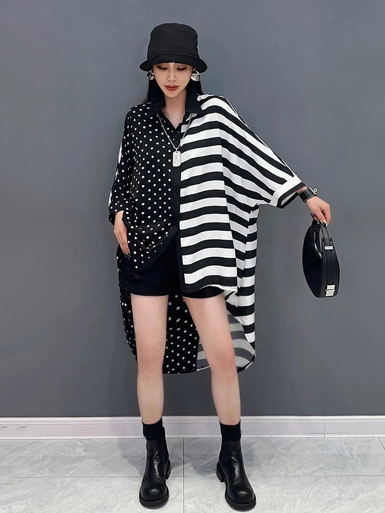 XITAO Asymmetric Casual Stripes Shirt Turn Down Collar Short Sleeved Polka Dot Patchwork Stripes Loose Women New Top LYD1783