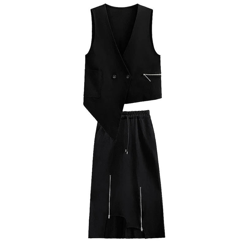 XITAO Asymmetrical Women Sets Fashion Black Zipper Splicing Skirt Sleeveless Vest Two Piece Sets 2024 Summer New HJH62271