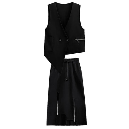 XITAO Asymmetrical Women Sets Fashion Black Zipper Splicing Skirt Sleeveless Vest Two Piece Sets 2024 Summer New HJH62271