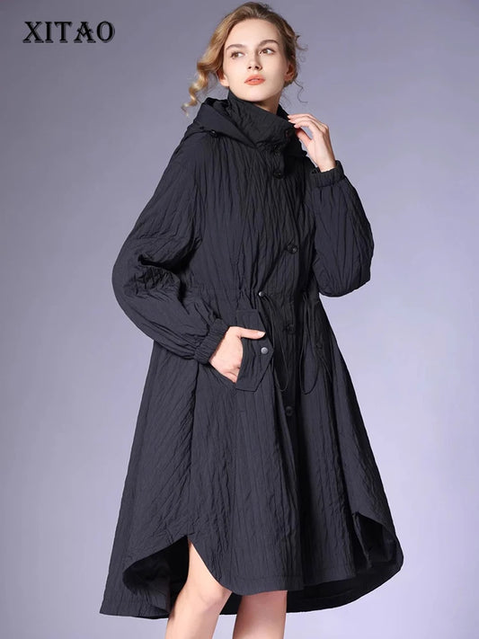 XITAO Casual Loose Fashion Solid Color Coat Full Sleeve Hooded Wide-waisted 2024 New Long Style Autumn Female Trench ZYY1115