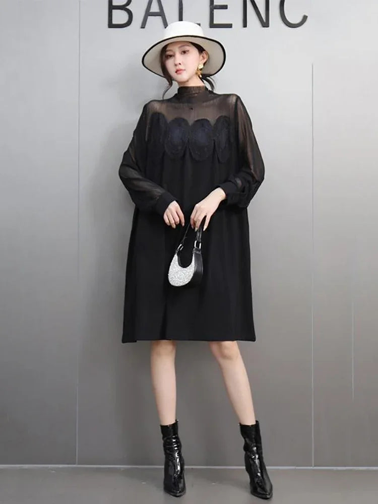 XITAO Casual Loose Fit Solid Color O-neck Dress Mesh Patchwork Lace Full Sleeve Knee-length Straight Autumn Female Dress GMM1092