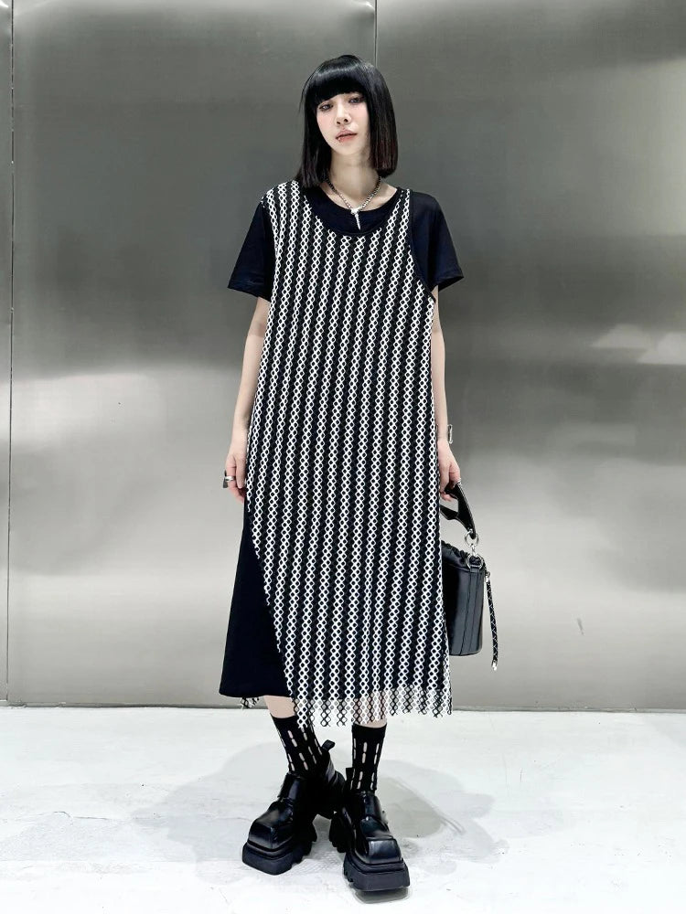 XITAO Grid Patchwork O-neck Pullover Dresses Short Sleeve Loose Contrast Color Mid-calf Fashion Dresses 2024 Summer New DMJ4082