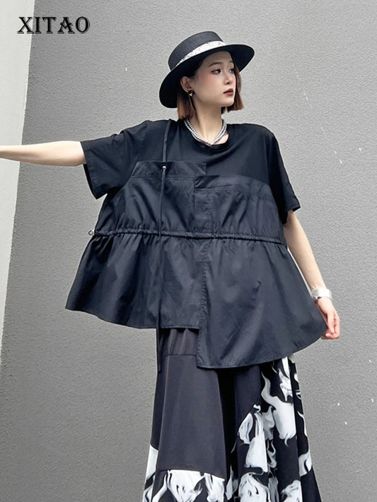 XITAO Black Asymmetrical Casual T-shirt Drawstring Splicing Loose Fashion Trendy Street Women Top Summer New ZY8816