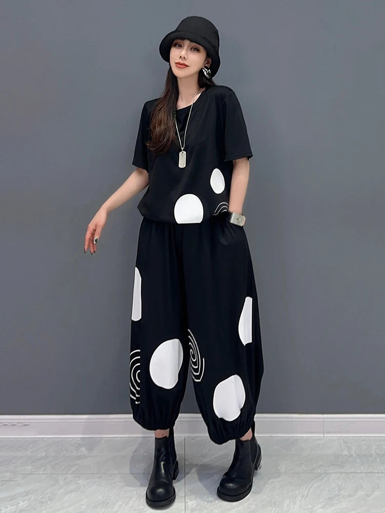 XITAO Printed Dot Pant Set Vintage Short Sleeve Elastic Waist Harlan Pants All Match Loose Fashion Women New Set LYD1811