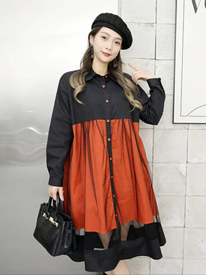 XITAO Patchwork Mesh Single Breasted Shirt Dress Loose Long Sleeve Spring New Arrival Casual Fashion All Match FBB1629