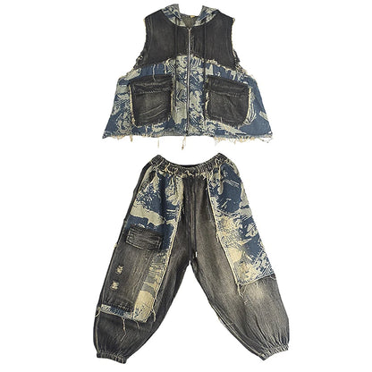 XITAO Personalized Fashion Pant Set New Print Patchwork Vintage Women Spring Hooded Vest Sleeveless Casual Loose Set DMJ4090