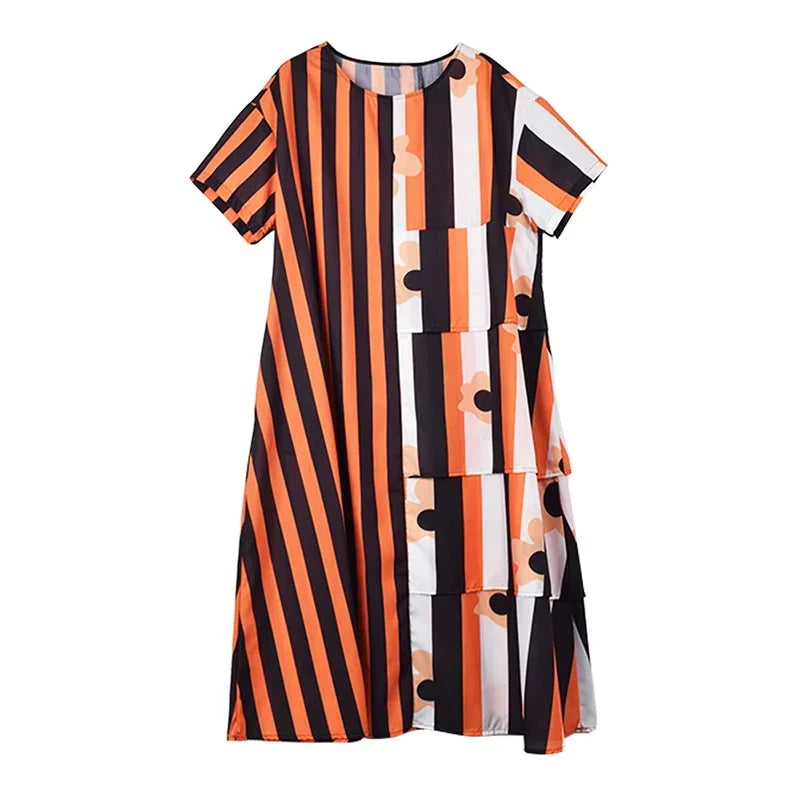 XITAO Asymmetrical Striped Patchwork Dress Loose Fashion Contrast Color O-neck T-shirt Dress Summer Simplicity New Women ZY8453