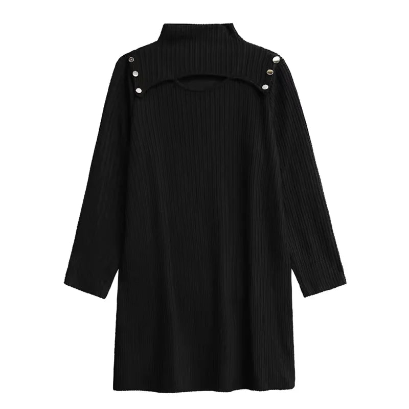 XITAO Hollow Out Casual A-line Patchwork Knitted Dress Solid Casual Knee-length Temperament Half High Collar Women Dress ZYY1084