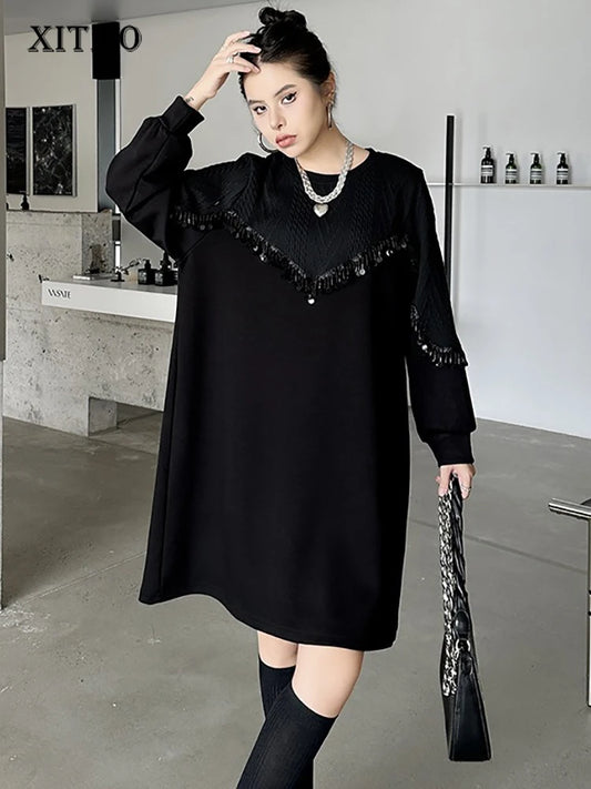 XITAO Solid Color Knee-length O-neck Full Sleeve Casual Loose Women Clothing Patchwork Sequined New Autumn Women Dress GMM1094