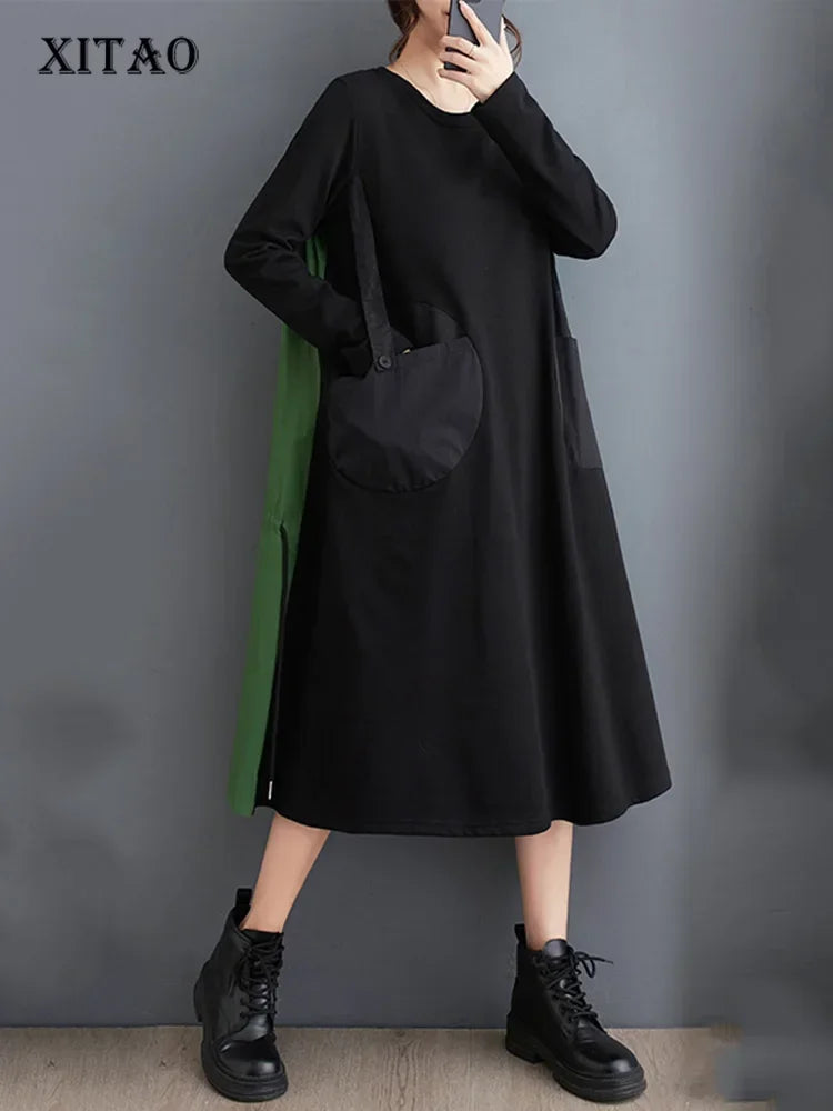 XITAO Contrast Color Patchwork Dress Casual Long Sleeve Loose Fashion Simplicity O-neck Pullover Loose Dress 2024 New DMJ3240