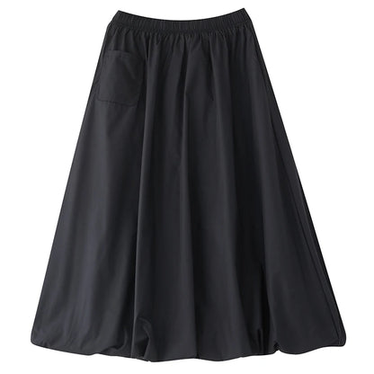 XITAO Pocket Patchwork Pleated Elastic Waist Skirt Solid Color Loose Slimming A-line Mid-calf Fashion Casual Skirts GMM1232