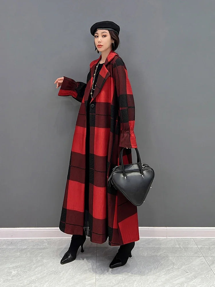 XITAO Plaid Bandage Women Tailored Coat Fashion Contrast Color Turn-down Collar Simplicity Coat Spring All-match New WLD13012