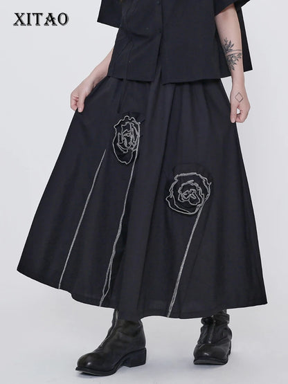 XITAO Black Casual Skirt Three-dimensional Flower Bright Line Decorate Loose Fashion Simplicity Temperament Women Skirt ZY8863